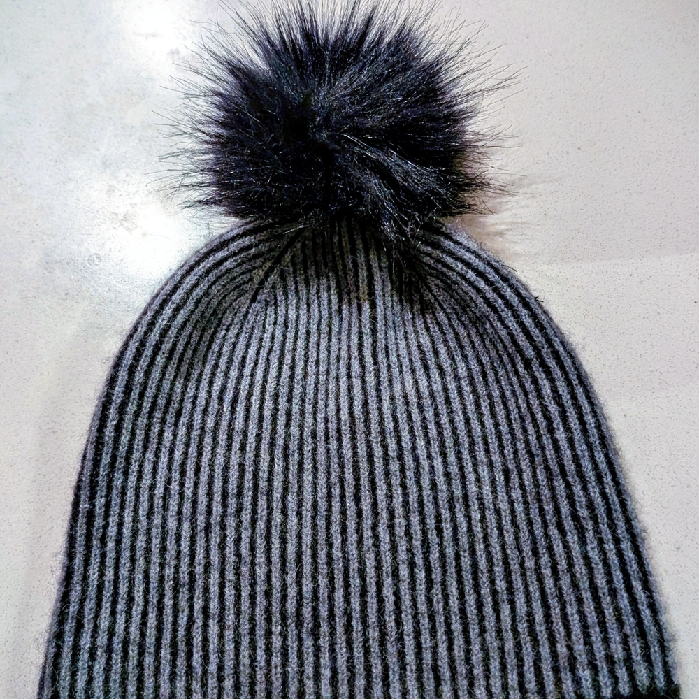 Tahari Black Ribbed Knit Hat with Pom Pom